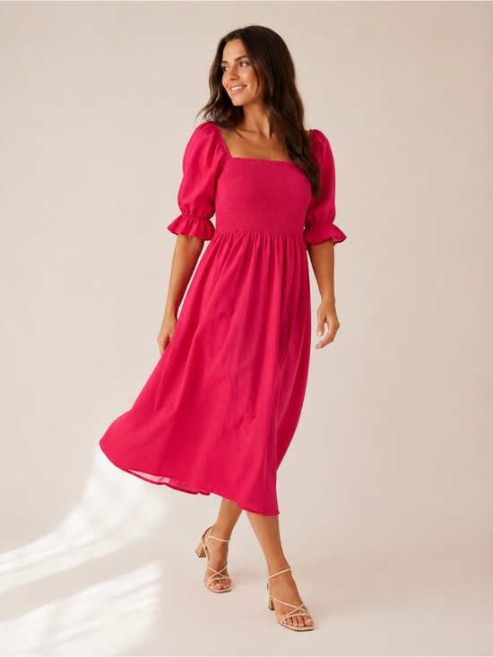 Red Dress Boutique Dresses & Skirts - Smocked Square-Neck Midi Dress in Bright Pink from The Red Dress Boutique